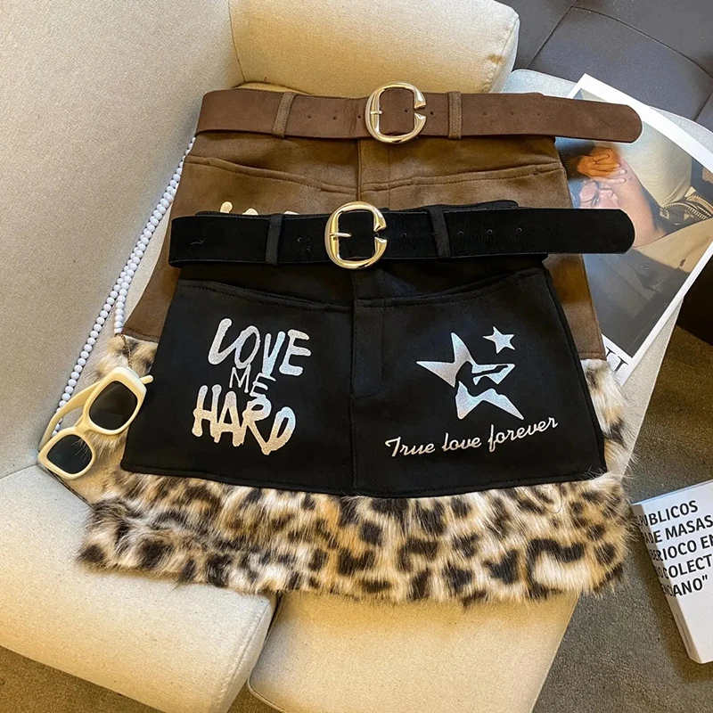 Y2K Subculture Mini Skirt Women Leopard Streetwear Letter Print Hottie Skirts Vintage Hairy Patchwork Belt Harajuku Sexy Skirts