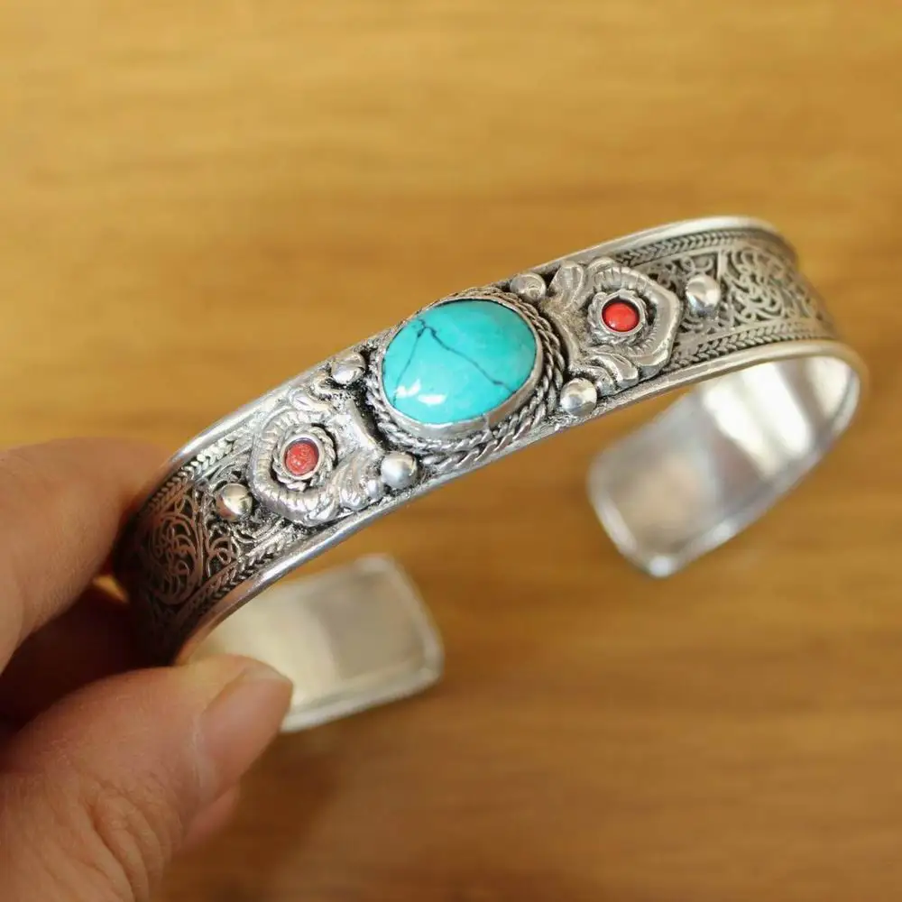 BR488 Ethnic Tibetan Silver Inlaid Turquoises Stone Filigree 14mm Open Back Women Cuff Bracelet