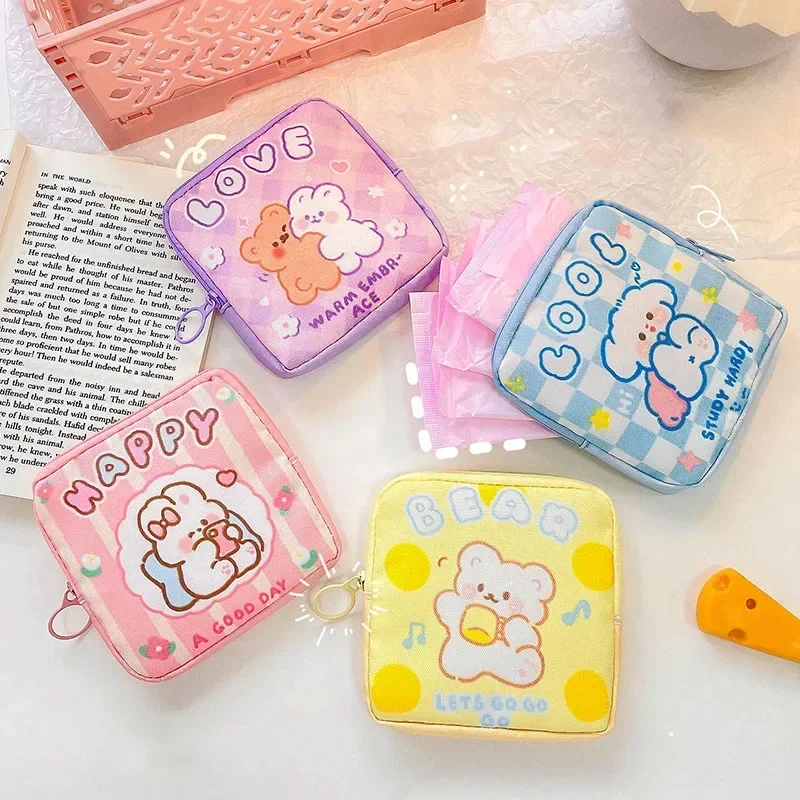 1PCS Girls Cartoon Tampon Makeup Bag Organiser Bags Mini Cosmetic Bag Korean Cute Bear Women Sanitary Napkin Storage Bags