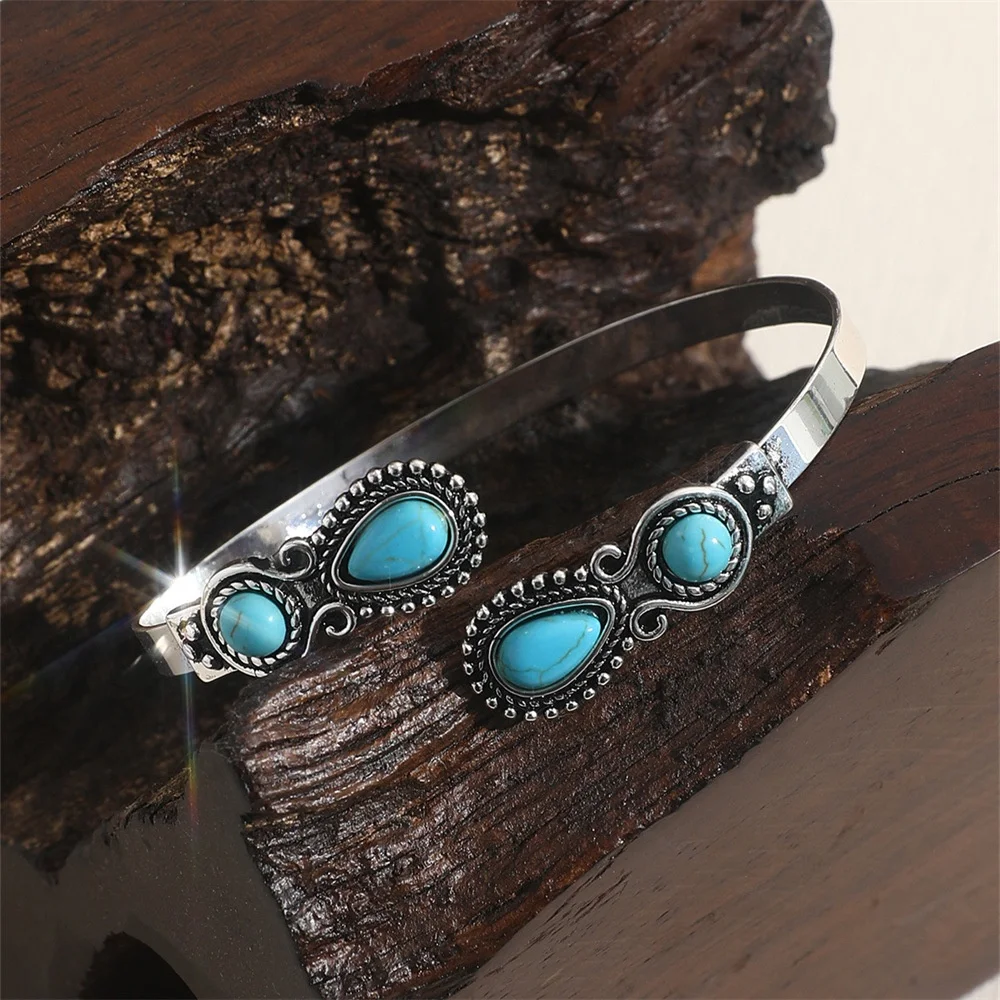 1 Pc Western Turquoise Stone Antique Cuff Bangle Bracelet for Women Jewelry Accessories
