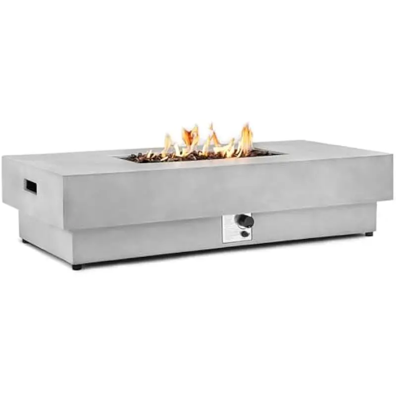 Large rectangular propane fire table designed for outdoor use features durable concrete construction and measures exactly sixty
