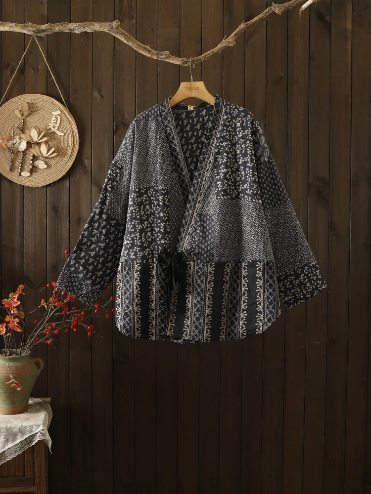 

Retro Cotton Linen Print Thiened ort Jaet plus Size Women's Mid-Length V-Ne Belted Long Sve Casual Top