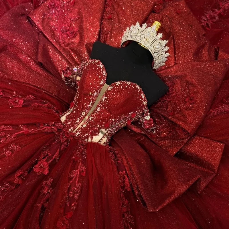 

Shiny Red Quinceanera Dress off-shoulder Glitter 3D Flower Decal lace Frill Long tail Bow vestidos de 15 Quinceanera ﻿Customize