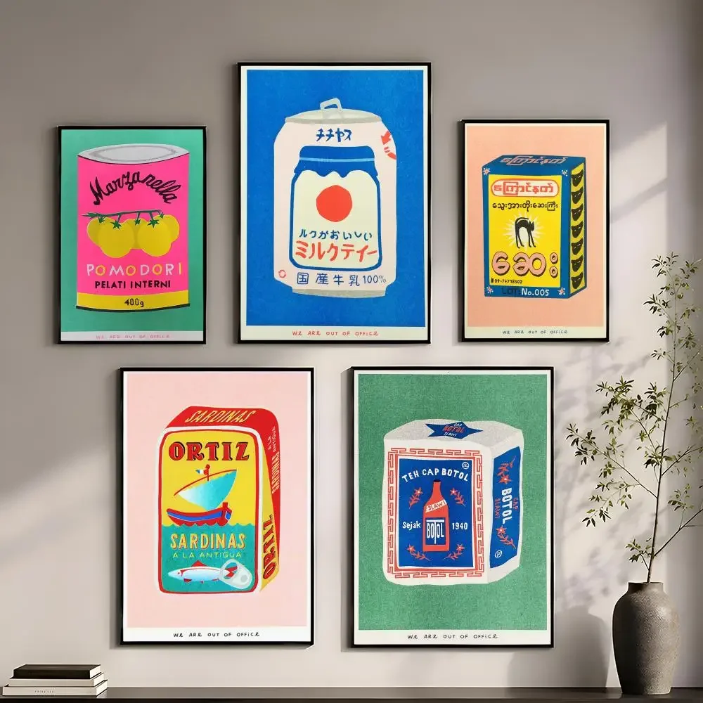Póster Autoadhesivo de PP con Diseño de Flor de Cerezo Rosa, Sardinas enlatadas y Tomate, Decoración de Pared para el Hogar, Fácil de Despegar y Pegar, Sin Residuos, HD