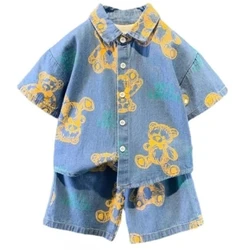 2-6Years New Summer Boys Denim Clothing Sets Children Fashion Cartoon Bear T Shirt Shorts 2pcs Infant Baby Casual Outfits Suits