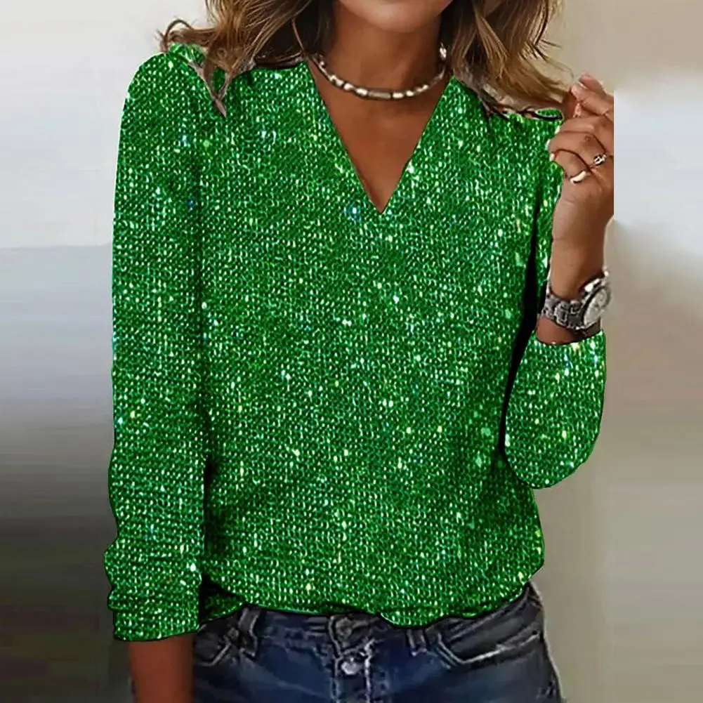 Women Top Shiny Sequin V Neck Long Sleeve Loose Pullover Breathable Commute Club Party Lady Blouse Shirt Female Layering Tees