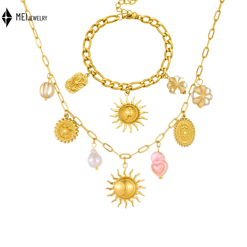 Fashionable Stainless Steel Bracelet Necklace Light Luxury Retro Sun Round Brand Heart-Shaped Pendant Set Women Accessories ﻿