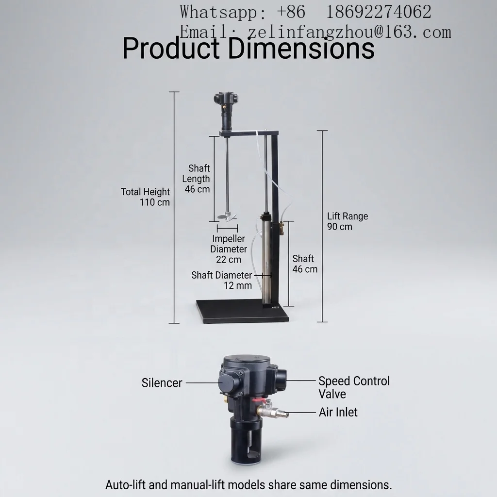 Air Powered Pneumatic Mixer Portable Stand Auto Lifting 5 Gallon 20L 1500-3000 RPM Paint Adhesive Chemical Industrial