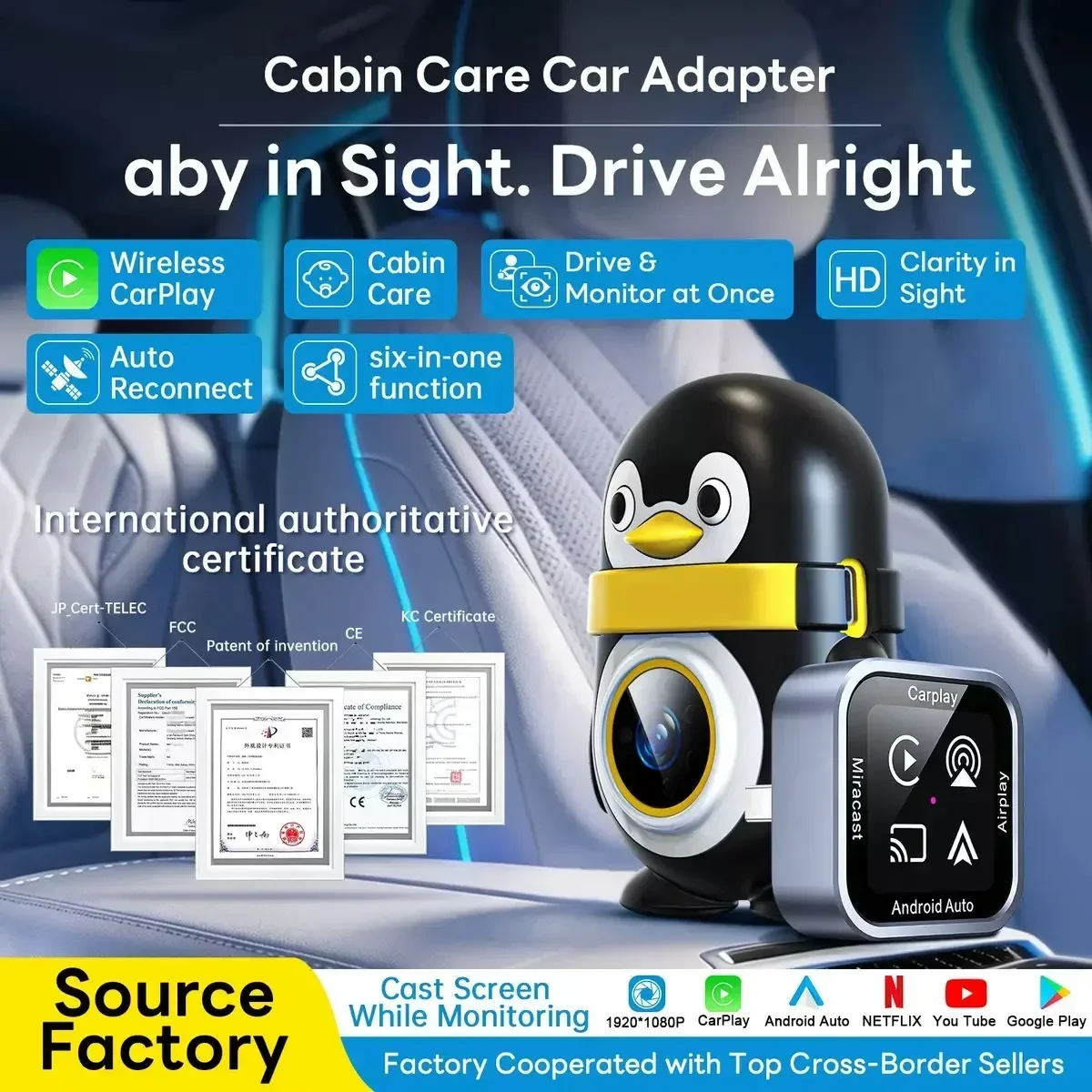 6-In-1 Wireless CarPlay Adapter With Rear Cabin Monitoring Camera, Car Rear Seat Monitor For Pets & Elderly, Auto Smart Box
