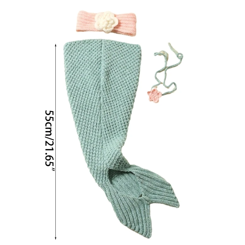 3pc Baby Photography Props Knitted Mermaid tail Costume + flower Hairband set Newborns Photoshoot Infant Photo Props Suit Outfit