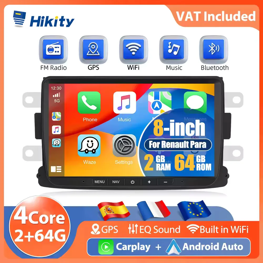 Autoradio Hikity 8'' con Carplay per Renault Dacia/Sandero/Captur, Lettore Multimediale Android Auto 4Core, WIFI, GPS, Navigazione, FM, RDS