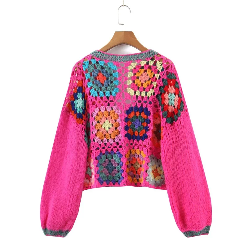 KEYANKETIAN Autumn New Cutout Hook Flower Geometric Short Knit Cardigan Women Bohemian Style Soft Handmade Sweaters TOPS