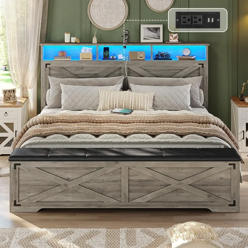 

Bed Frame with Storage Ottoman, Farmhouse Bed Frame with Charging Station and Led Light, Headboard with Storage Rack