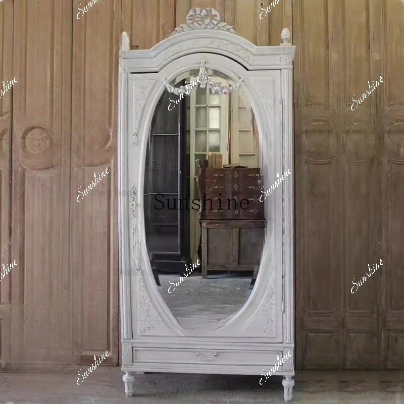 French retro solid wood wardrobe can be customized carved single door locker  FT
