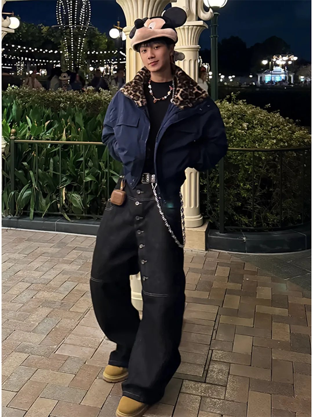 

Thiened Faux Fur Collar Jaet Men's Cotton Autumn Winter Warm Stand Collar American Sle Two-Way Wear Outerwear Leopard P...