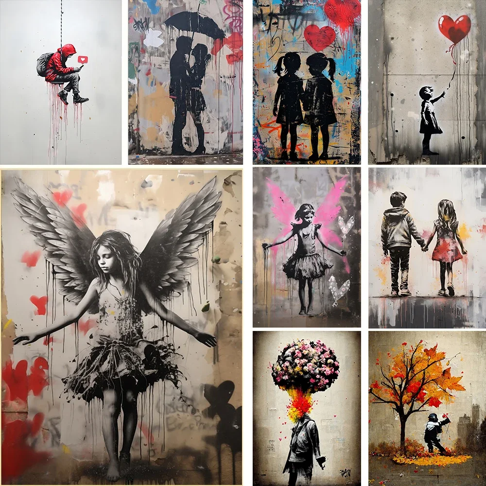 New Banksy Art Little Girl and Boy Couple Angel Love Graffiti Posters Canva Prints Cute Street Wall Art Pictures for Home Decor