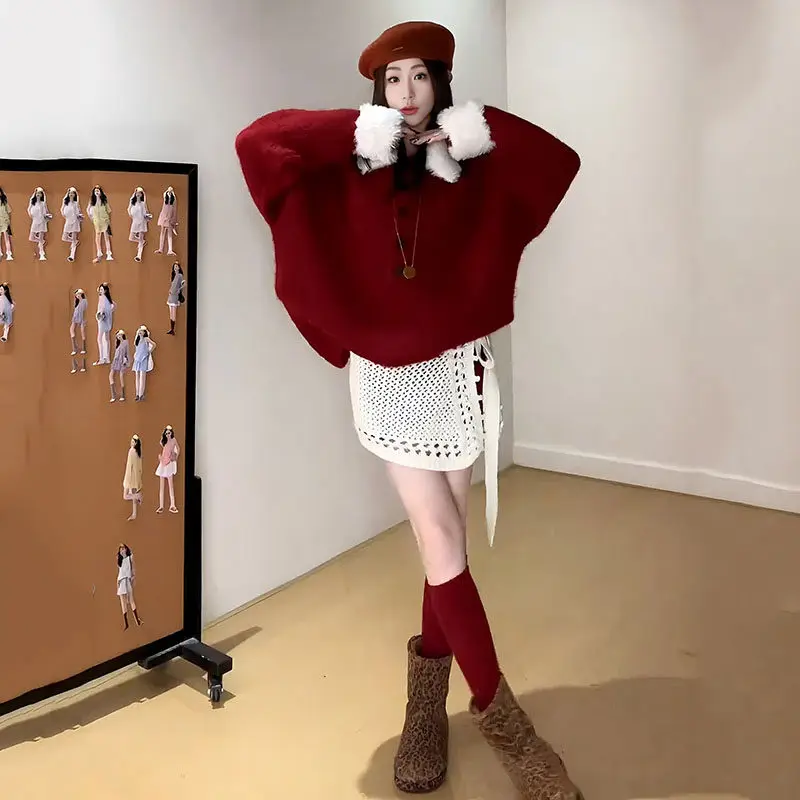 Falda de punto calada de talla grande para mujer, nueva colección otoño-invierno, falda de capa base moderna que cubre la cadera, falda acampanada.