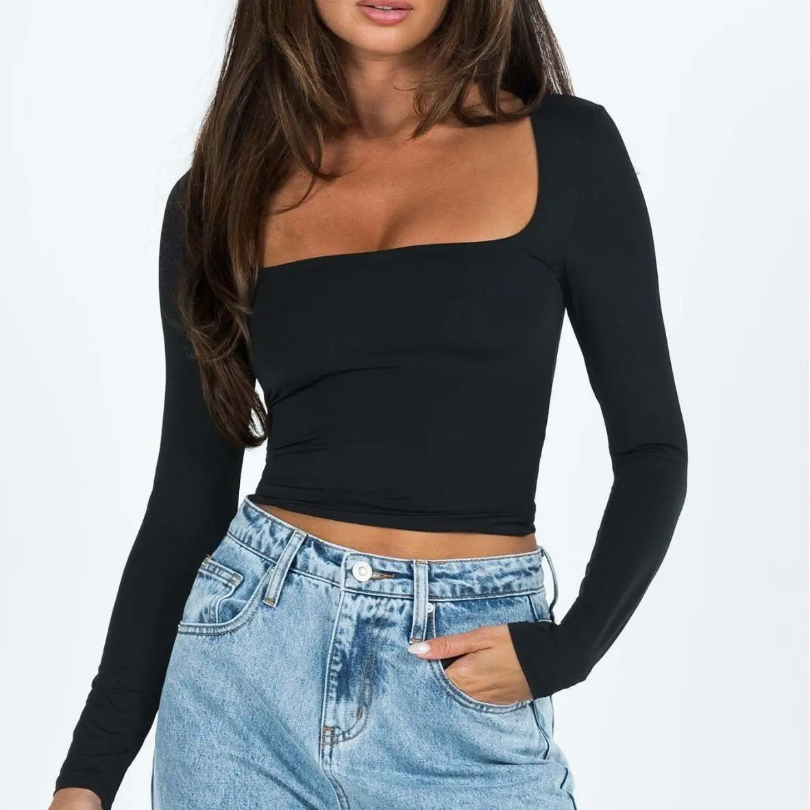 T-shirt Long Sve Square Ne pour femmes, haut doux, couleur Pure, matériau en Fiber élastique, Collection été 2023