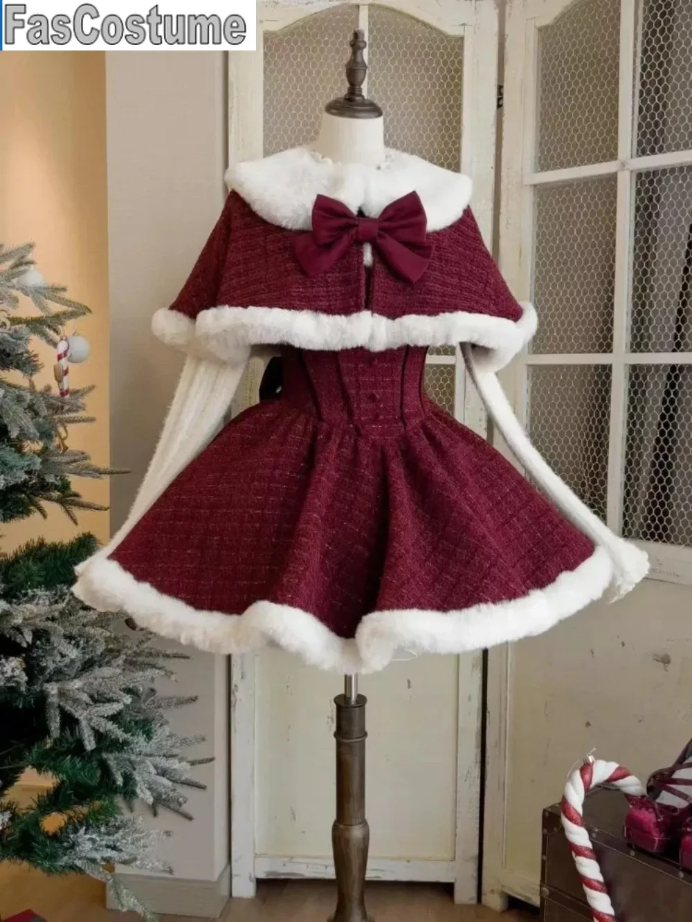 

FasCostume ChristmasNewYear3 Set SweetLolita Style DressSets WomensElegant Chic Bow PlushShawlShortJackets Mini Skirts Suit
