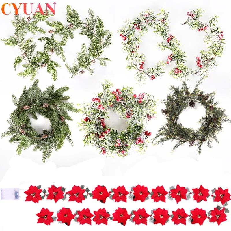 Christmas Garlands Pine Cone Rattan Wreath With Red Berry Poinsettia Flowers Vine for Xmas New Year Home Fireplace Wall Decor