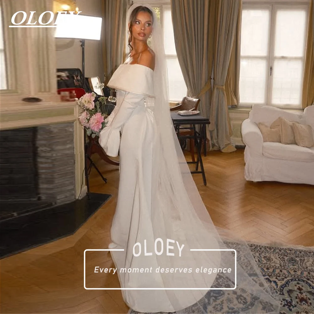OLOEY Elegant Off Shoulder Mermaid Wedding Dress Long Flared Sleeves Trim Detail Corset Court Train Bridal Gown Customized