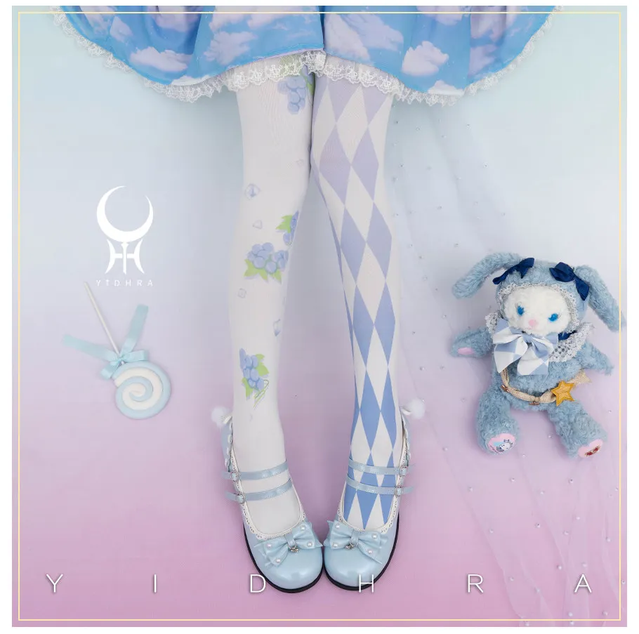 Sweet Lolita Printed Pantyhose 120D Women Fruit Diamond Pattern Tights Strawberry Peach Lemon Grape Japanese Kawaii Hosiery