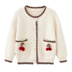 1-10 Years Cherry Girls Cardigan Jacket Cotton Sweater School Coat 1 2 3 4 5 6 7 8 10 Years Old Kids Clothes 241459