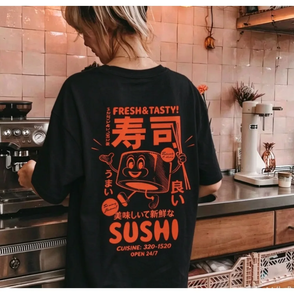 Women Oversized T-shirt Japanese Sushi Cartoon Fresh Tasty Graphic Print Round Neck Short Sleeve Casual Retro Tops