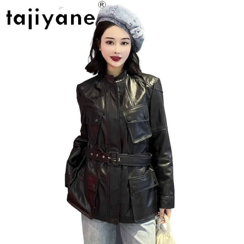 TAJIYANE Black Sheepskin Genuine Leather Jacket Woman Stand Collar Leather Coat Slim Fit Jackets for Woman Long Sleeve Top 가죽자켓