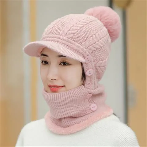 Thickened Knitted Woolen Hat Women's Autumn Winter Outdoor Cycling Hat Windproof Fleece Lined Integrated Cap for Cold Weather
