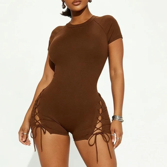 

Женские модные комбинезоны с кружевной отделкой, в рубчик, однотонные, повседневные, с круглым вырезом, коротким рукавом, персикового цвета, облегающие, в уличном стиле, для ночного клуба