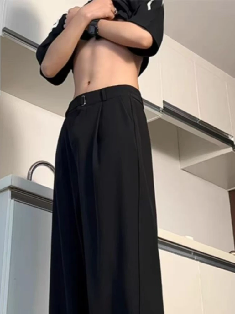 Men's Summer Black Loose Wide-Leg Straight Dress Pants Lightweight Draped Casual Trousers