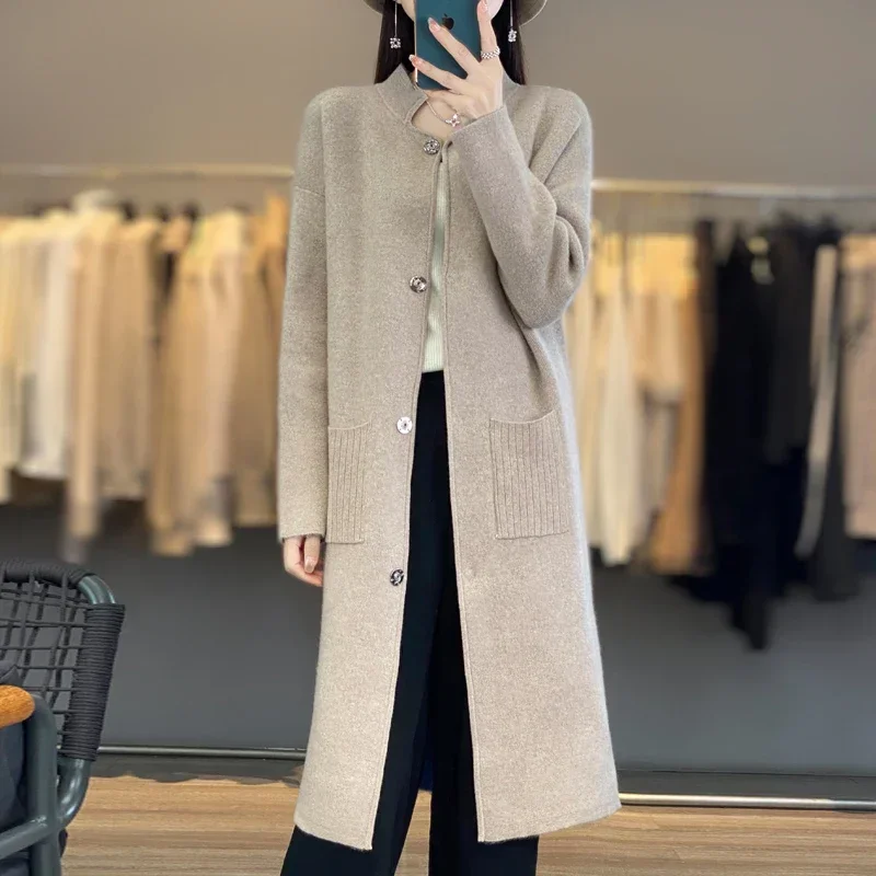 Women's cardigan 100 pure wool coat, high-end knitted long coat, women's new long sleeved coat, hot selling in autumn and winter