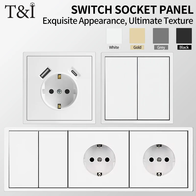 European Wall Socket EU Outlet with USB Type-C Ports, 1/2 Gang Light Switch 16A 250V, 80×80mm White Flush Mount Panel