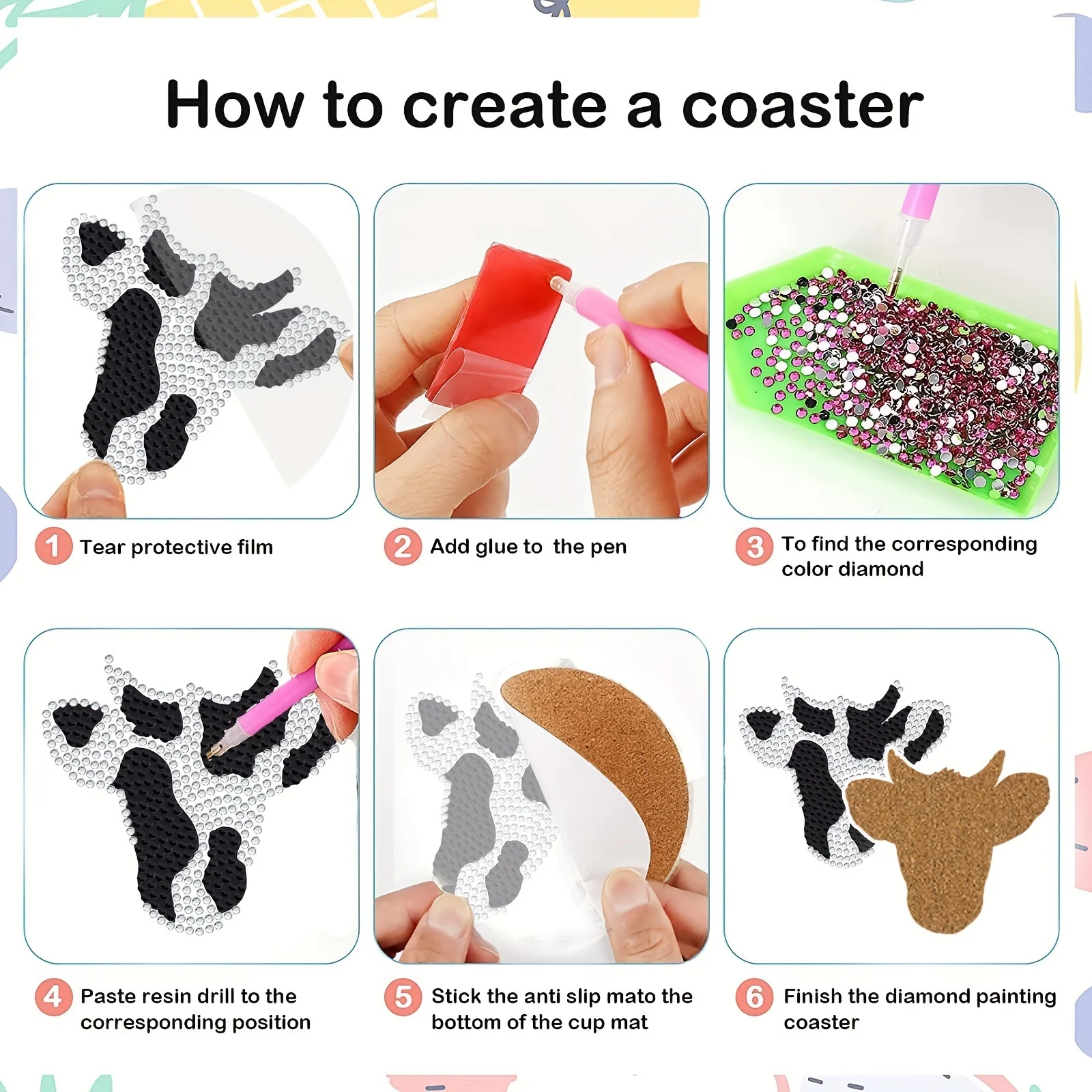 8 pieces of  painting coasters with brackets for dairy cows, DIY  art coaster set, suitable for beginners in art and craft suppl