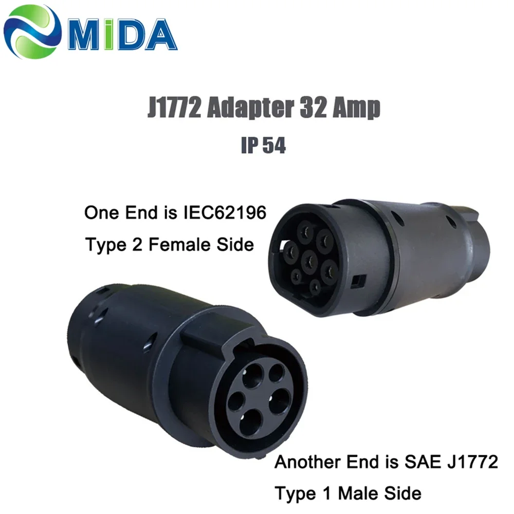 EV Adapter 32Amp SAE J1772 Plug Type 1 to Type 2 EV Male Socket EVSE Electric Vehicles Car Charger
