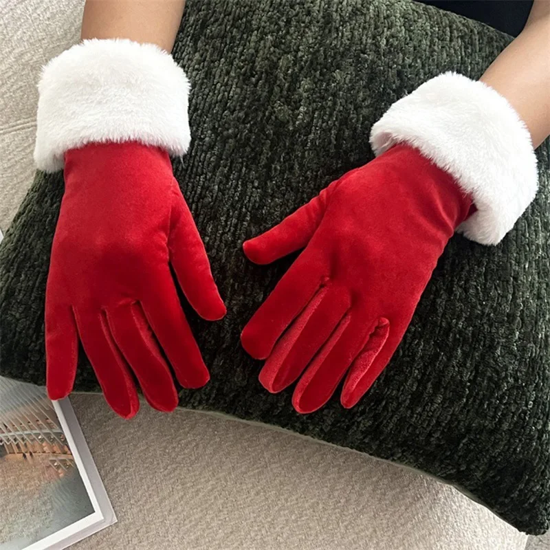 Combhasaki Women Men Unisex Christmas Velvet Gloves Short Fuzzy Furry Trim Patchwork Santa Gloves for Party Festive Stage