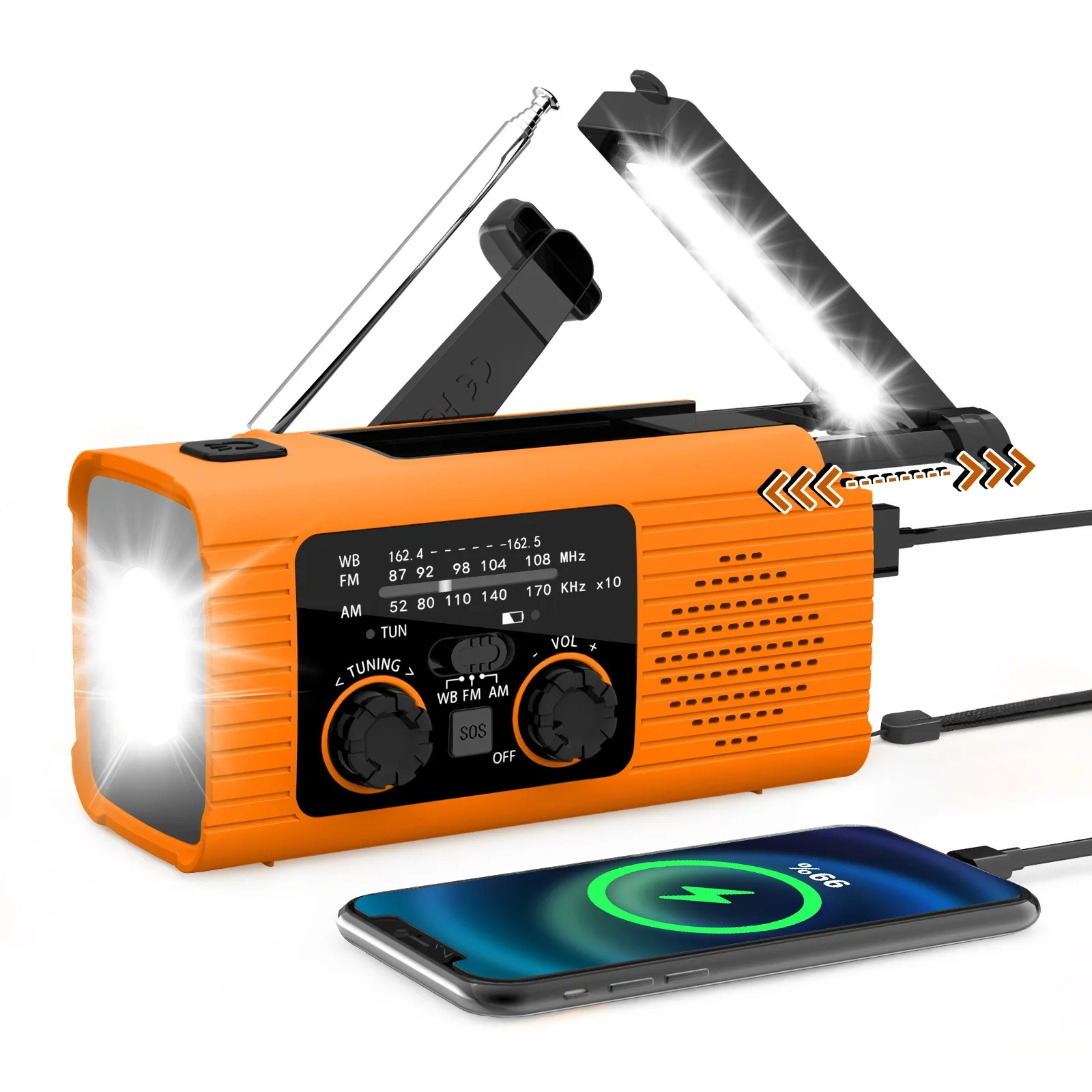 

Multi functional flashlight emergency AM/FM/WB radio Hand cranked generation solar generation