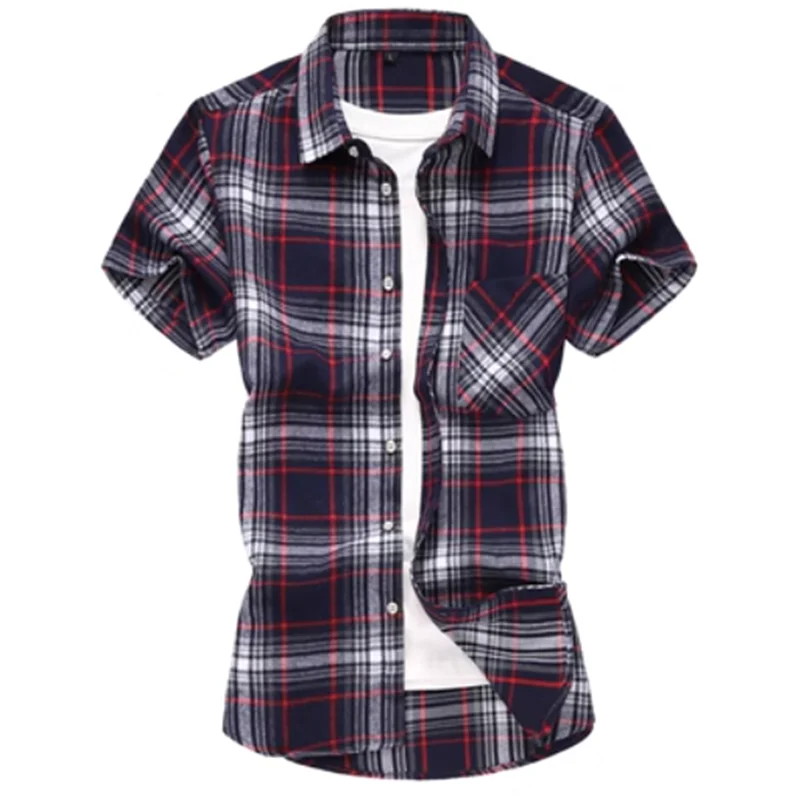 Striped Plaid Short-sleeved Shirt Men\'s Single-breasted Square Collar Cotton Shirts Summer Fashion Casual Camisa Men Chemise 7XL