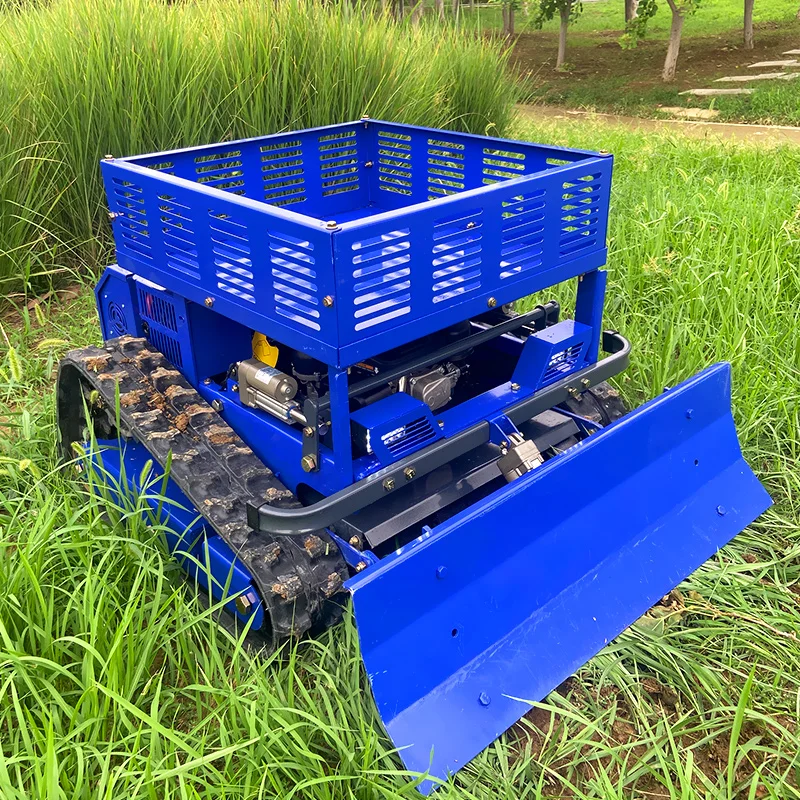 Robot cortacésped con control remoto para cortar césped todo terreno con estante y pala para nieve