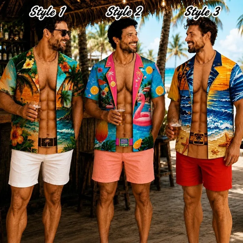 Beach Vacation Waves Starfish 3D Visual Muscle Short Sleeved Hawaiian Style Funny Round Neck Casual Men's Top