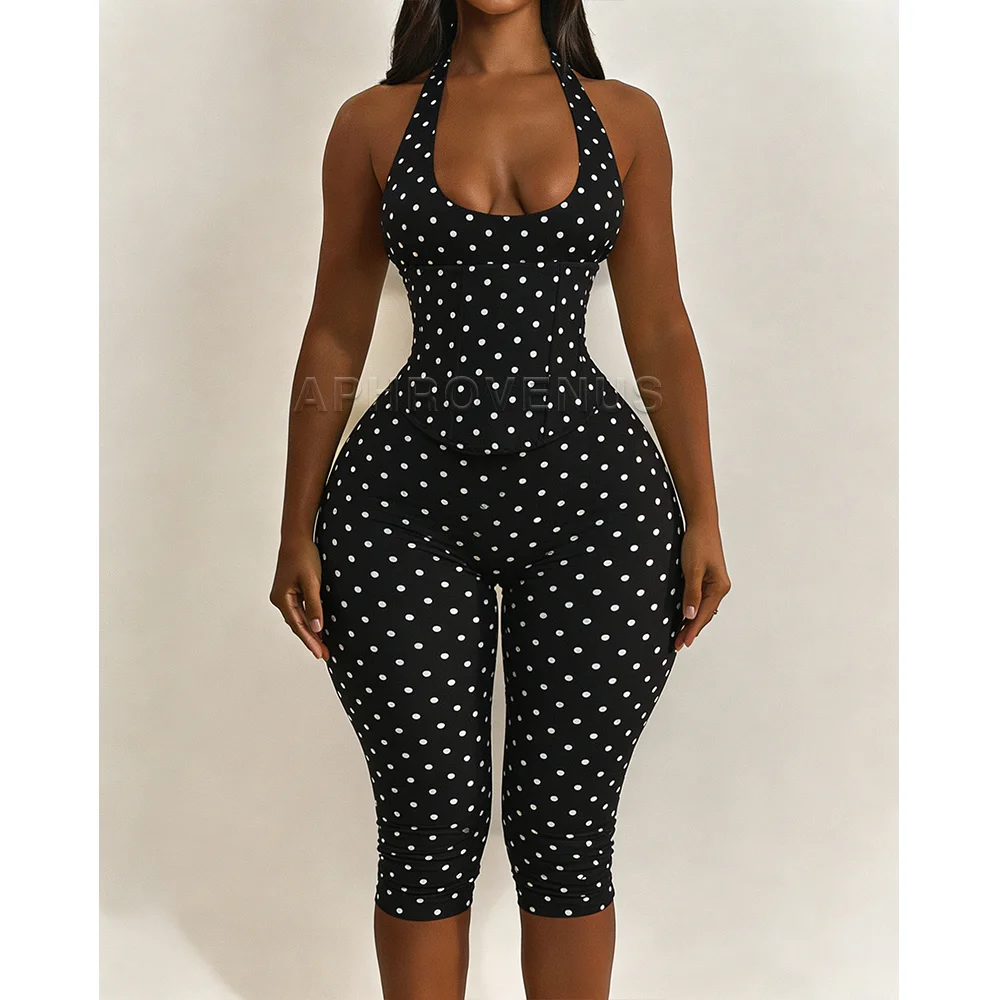 White Black Polka Dot Halter Neck Corset Jumpsuit Lace Up Backless Bodycon Capri Romper High Waist Shapewear Outfits For Party image 3