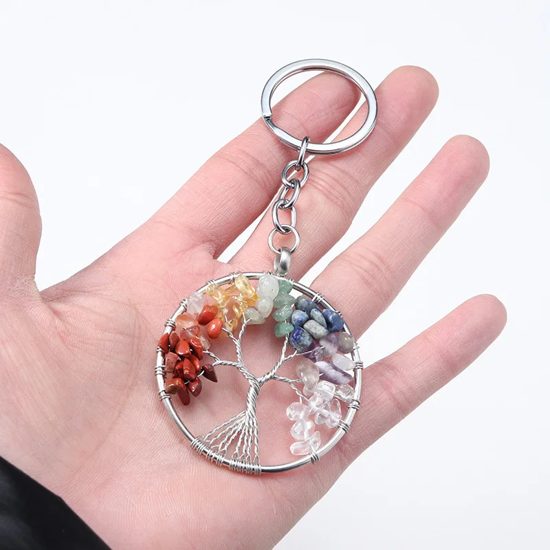 Fashion Tree Of Life Keychain 7 Chakra Round Shape Women Handmade Healing Natural Stone Key Ring Jewelry For Key Charms