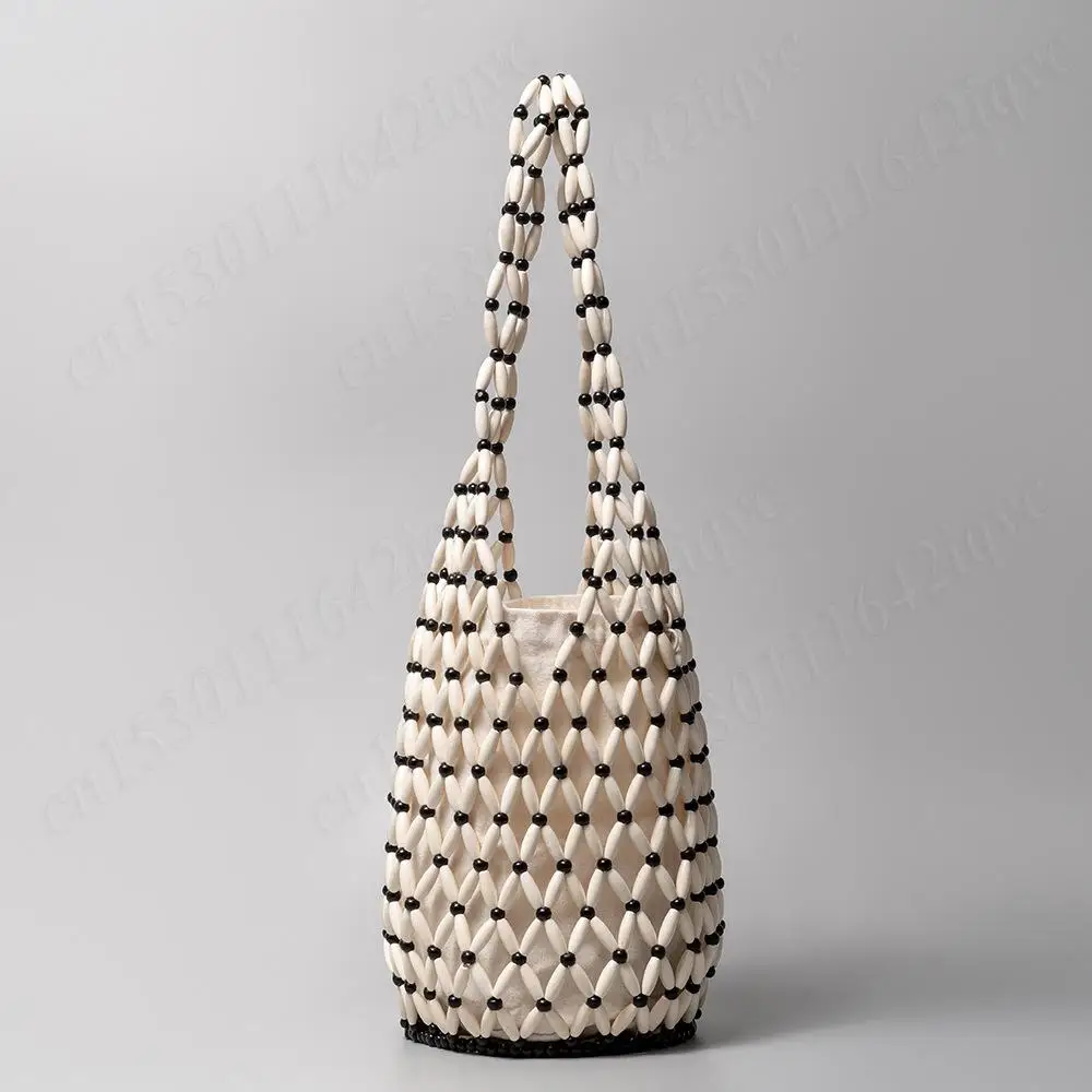 

Women Woven Hand Bag Wooden Bead Shoulder Bags Hollow-out Tote Handbag Beach Top-Handle Bags Summer Netted Canvas Bucket Bags
