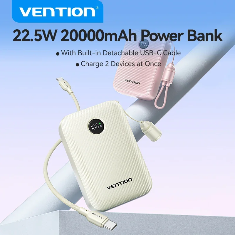 

Vention 20000mAh 22.5W Power Bank with Built-in USB-C Cable, Fast Charging, Detachable Lanyard, Airplane-Safe Compact Charger