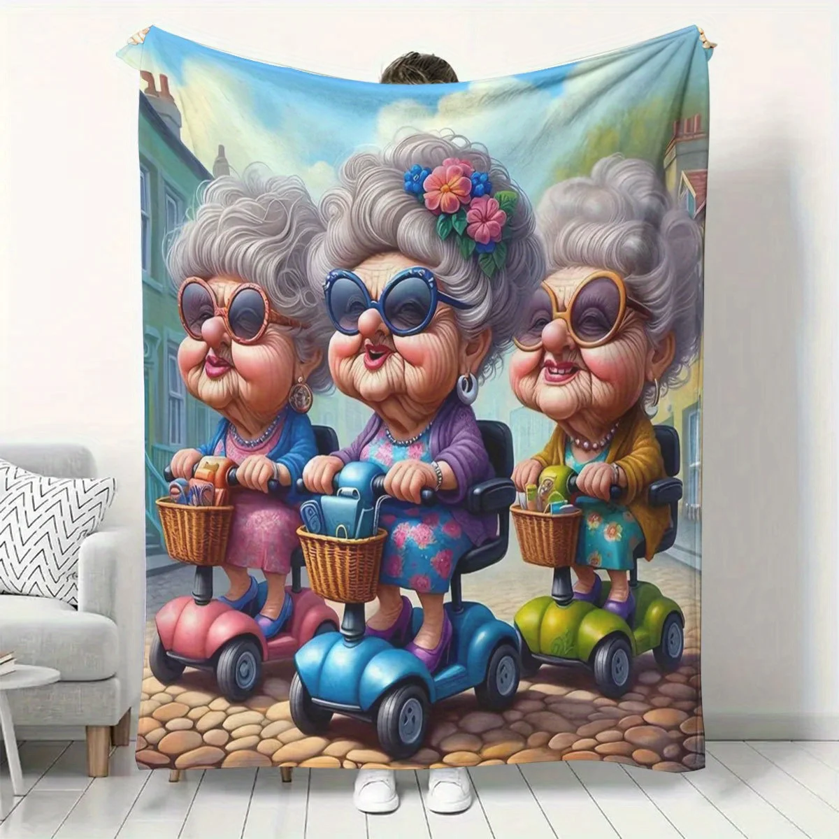 Three Grandmas on Bikes Pattern Flannel Dorm Office Nap Blanket, Printed Soft and Warm Throw for Sofa or Home Relaxation