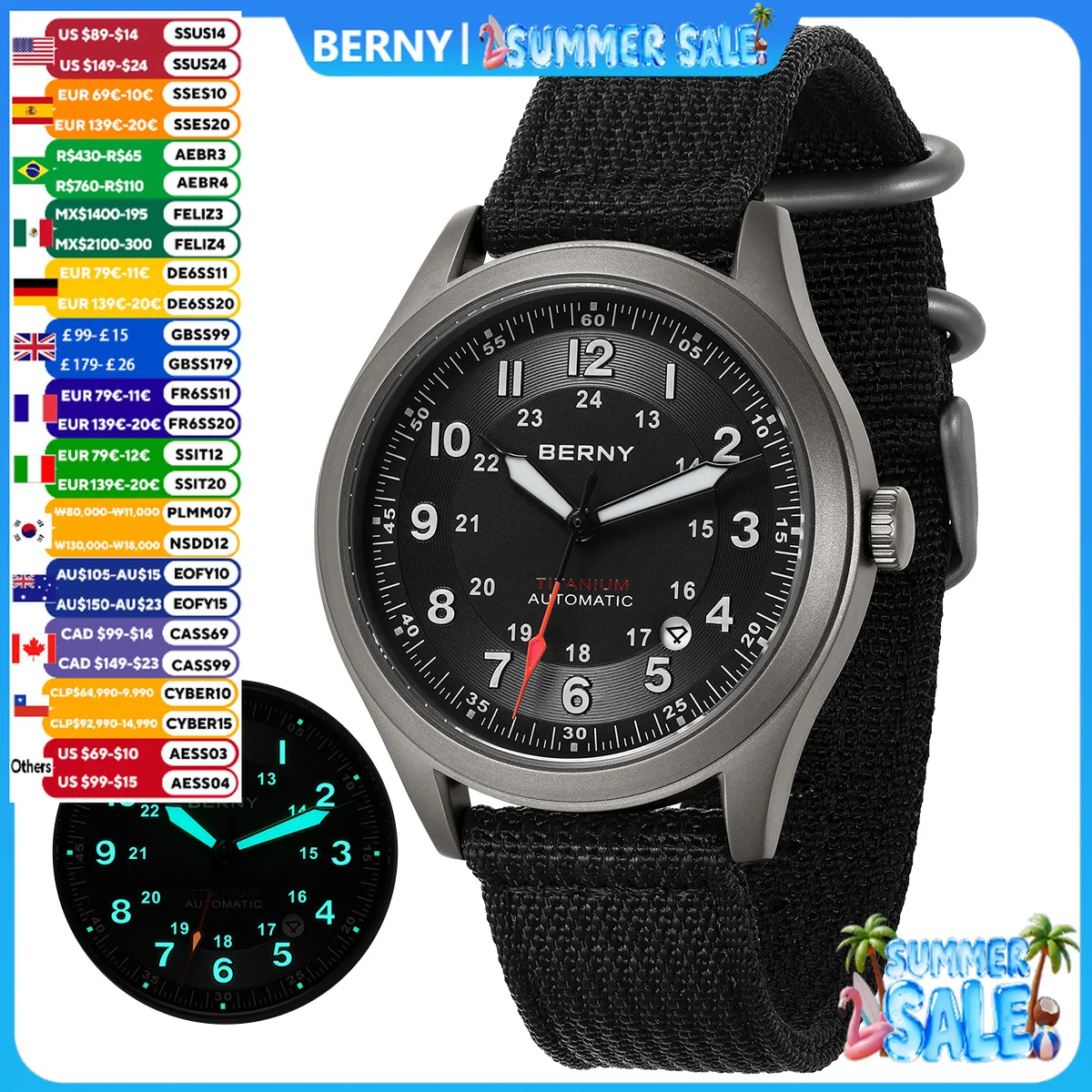 BERNY Titanium Automatic Men's Field Watches Date Sapphire Super Luminous Sports Easy Read Outdoor 10ATM Mechanical Watch