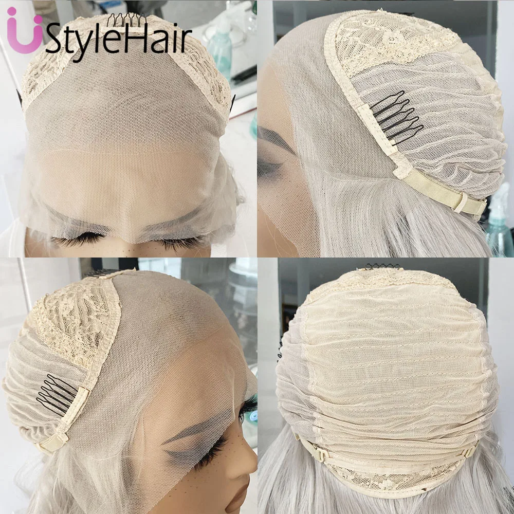 Wig Renda Pirang Abu Wig Depan Renda Sintetis Gelombang Dalam Panjang untuk Wanita 13X4 Garis Rambut Alami Tanpa Lem Penggunaan Sehari-hari Pesta Cosplay
