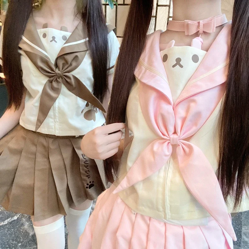 2024 New Japanese Jk Uniform Summer Cartoon Print Sailor Collar Short Sleeves Pink Brown Top Pleated Skirt Suit For Girls