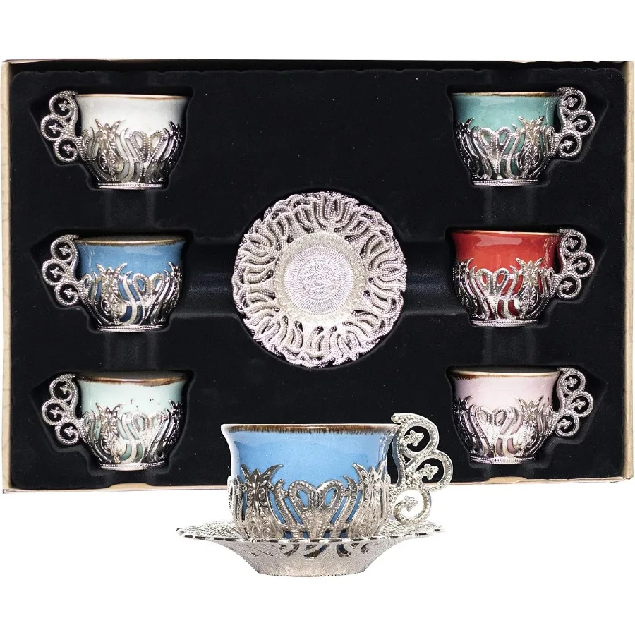 

12-шт турецкий греческий арабский кофейная чашка для эспрессо, блюдце, фарфоровый набор, серебро, разные цвета